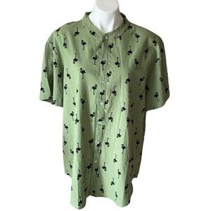Green Short Sleeve Casual Button Down Shirt with Black Flamingos Vacation